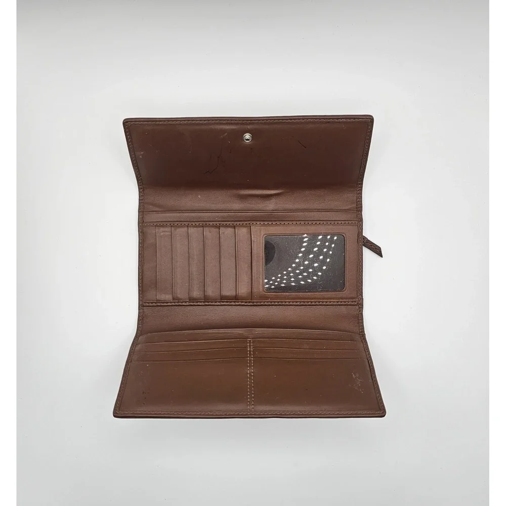 Coach Signature C Monogram Brown Leather Trim Trifold Wallet Pleated